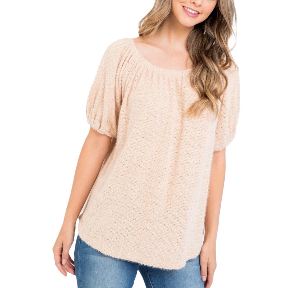 NWOT Taupe Off the Shoulder Soft Bubble Sleeve Sweater